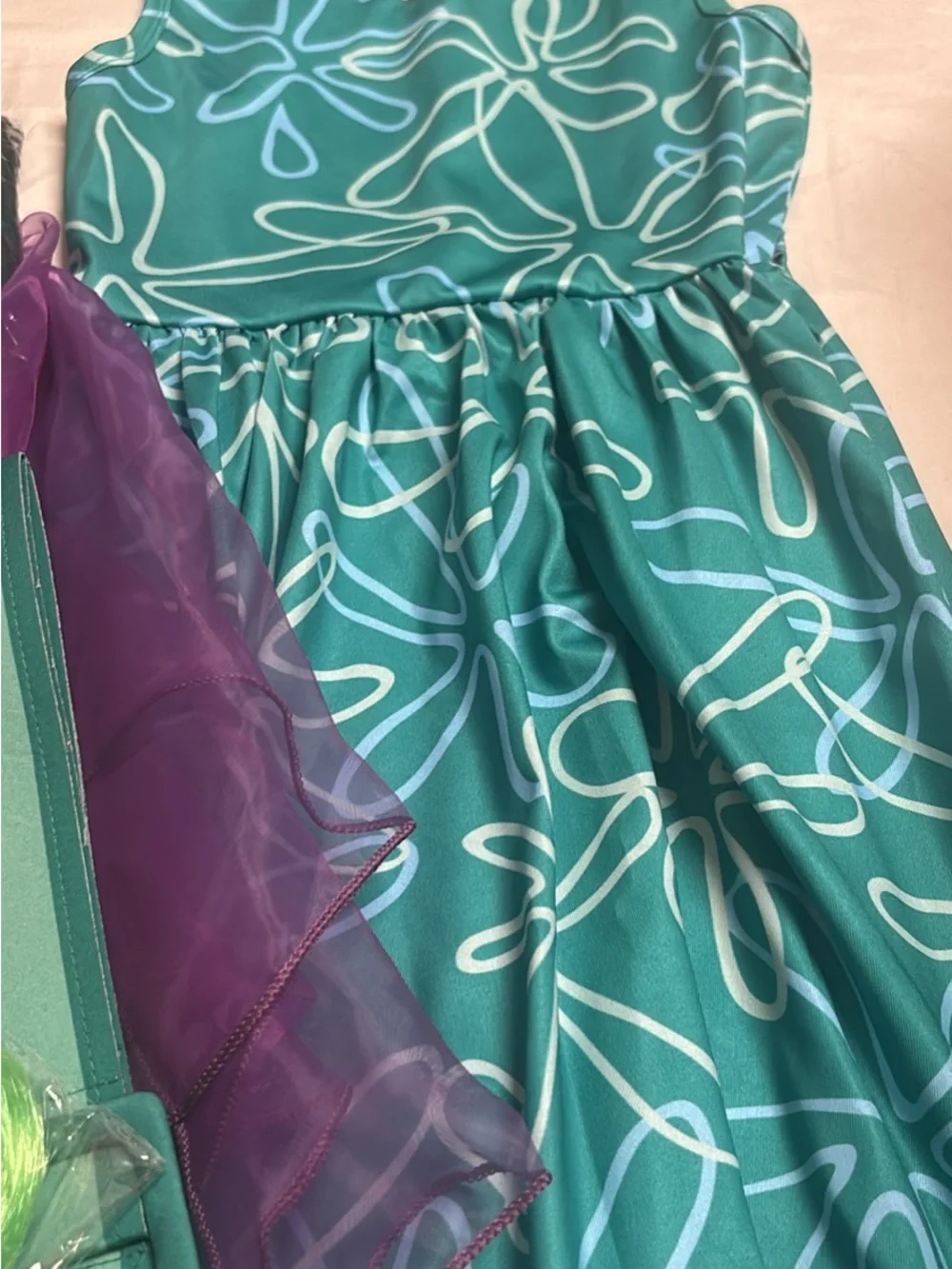 LuzienKids Disgust costumes  Floral Dress Costume with Purple scarf & Green wig